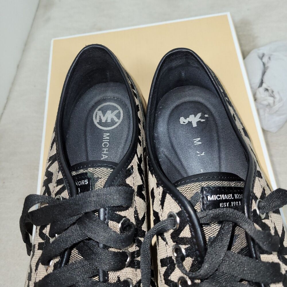 Michael Kors Shoes Size 10 Womens Black Tan MK Signature Logo Lace Up Sneakers - Picture 5 of 16